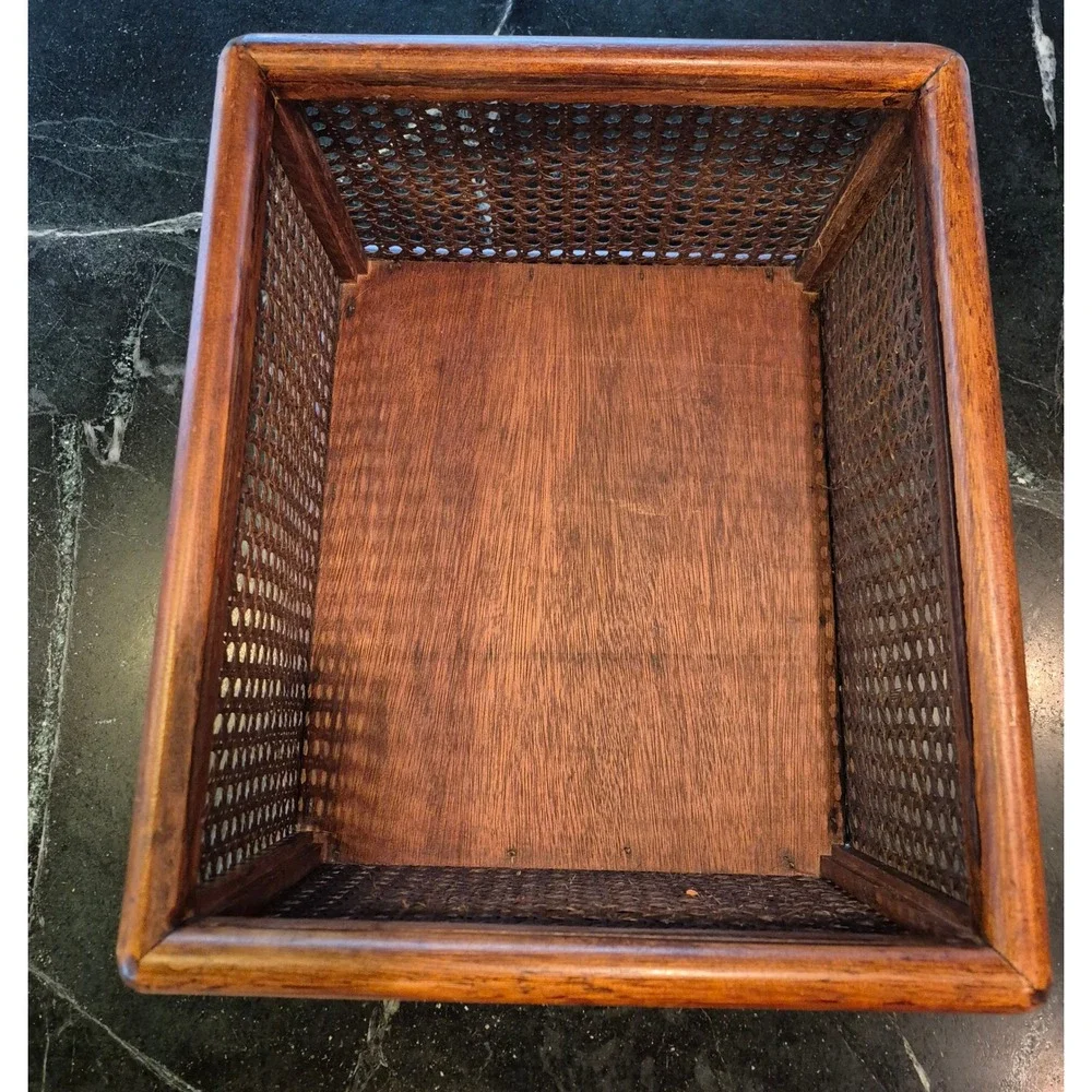 Vintage MCM Woven Cane Rattan Wood Storage Basket Magazine Holder Boho Decor